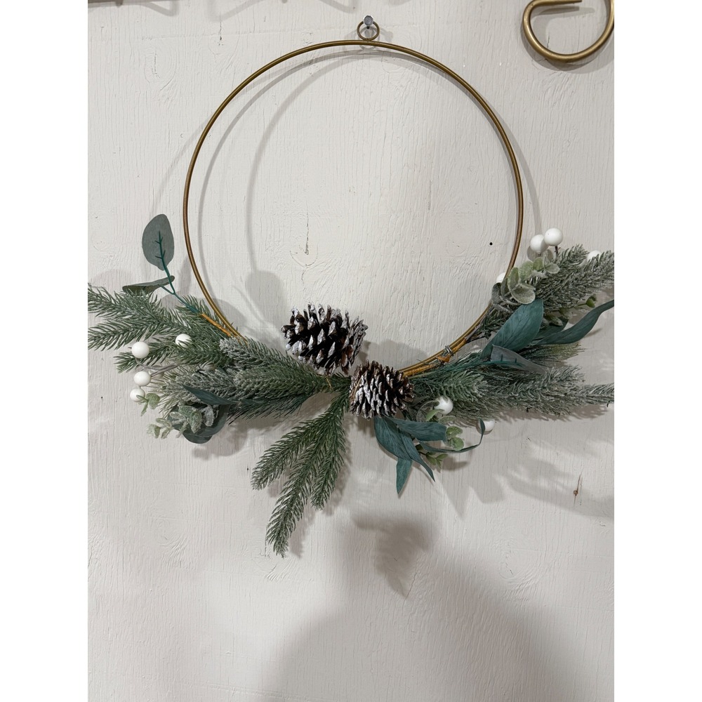 Modern Gold Metal Hoop Christmas Wreath Frosted Pine Pinecone White Berry 12in